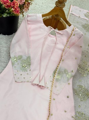 Designer Pure Natural Crepe Silk Embroidered Top Plazzo Set With Organza Dupatta