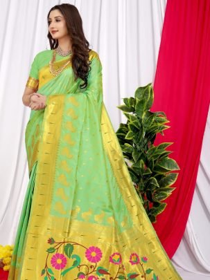 Designer Pure Paithani Silk Handloom Parrot Green Saree With Pure Gold Zari Work