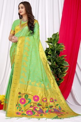 Designer Pure Paithani Silk Handloom Parrot Green Saree With Pure Gold Zari Work