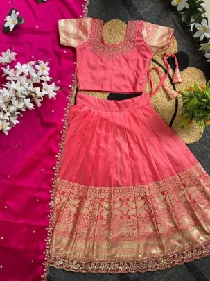 Designer Pure Silk Kids Lehenga Choli With Maggam Work