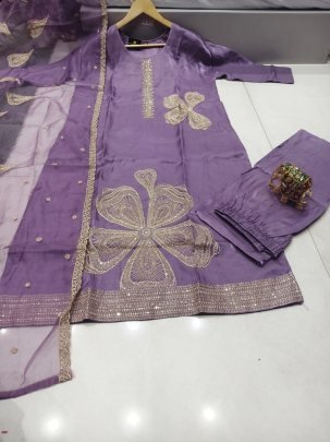 Designer Purple Art Silk Thread Work Suit With Organza Dupatta