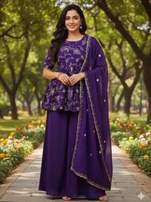 Designer Purple Embroidered Vichitra Silk Sharara With Matching Dupatta And Palazzo