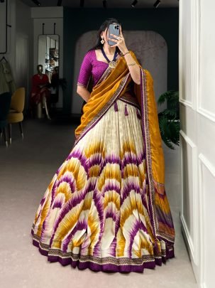 Designer Purple Tasar Silk Tie And Dye Printed Lehenga With Chex Blouse