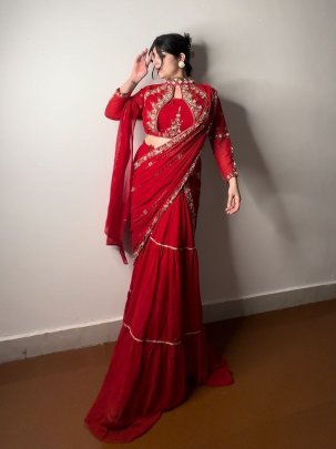 Designer Red Faux Georgette Ruffle Ready To Wear Embroidery Saree