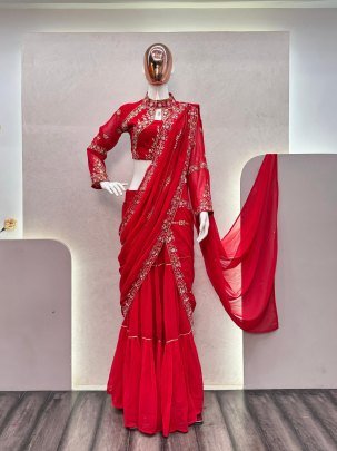 Designer Red Faux Georgette Ruffle Ready To Wear Embroidery Saree