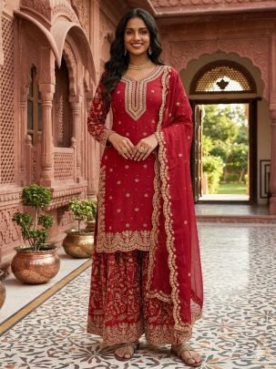 Designer Red Pure Gmy Silk Plazzo Suit With Sequence Coding Dori Work Dupatta