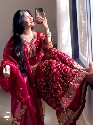 Designer Red Pure Gmy Silk Plazzo Suit With Sequence Coding Dori Work Dupatta