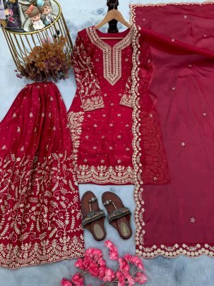 Designer Red Pure Gmy Silk Plazzo Suit With Sequence Coding Dori Work Dupatta