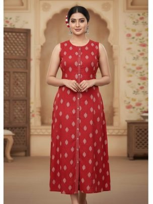 Designer Red Rayon Cotton Dobby Straight Cut Kurti With Table Print