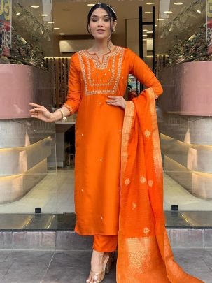 Designer Roman Silk Kurti Set With Pant And Stylish Latkan Dupatta