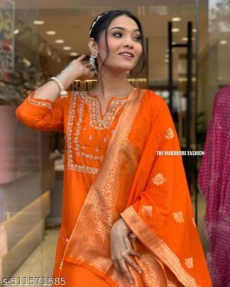 Designer Roman Silk Kurti Set With Pant And Stylish Latkan Dupatta