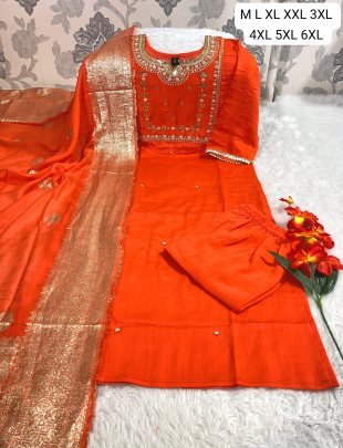 Designer Roman Silk Kurti Set With Pant And Stylish Latkan Dupatta