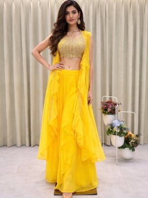 Designer Ruffle Three Peice Yellow Indo Western Dress