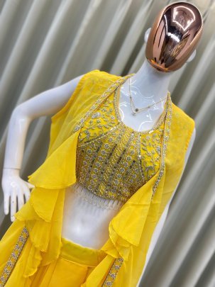 Designer Ruffle Three Peice Yellow Indo Western Dress