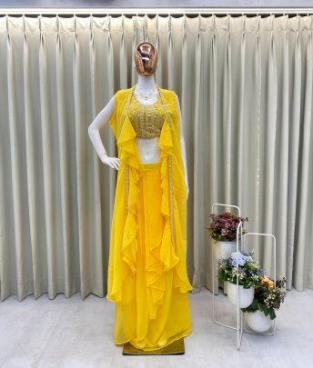 Designer Ruffle Three Peice Yellow Indo Western Dress