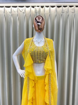 Designer Ruffle Three Peice Yellow Indo Western Dress