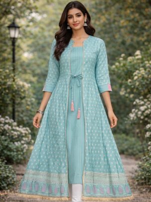 Designer Sky blue Rayon Cotton Table Print Jacket Style A-line Gown Kurti With Cotton Crucial Lace