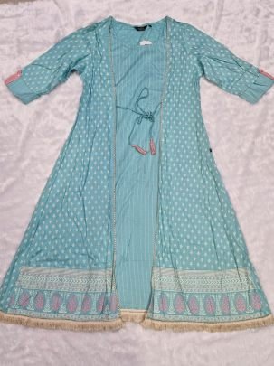Designer Sky blue Rayon Cotton Table Print Jacket Style A-line Gown Kurti With Cotton Crucial Lace