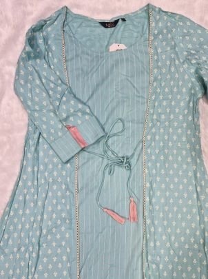 Designer Sky blue Rayon Cotton Table Print Jacket Style A-line Gown Kurti With Cotton Crucial Lace