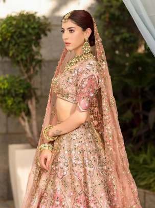 Designer Slub Silk Embroidered Peach Pink Elegance Lehenga Choli With Dupatta