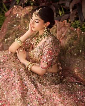 Designer Slub Silk Embroidered Peach Pink Elegance Lehenga Choli With Dupatta
