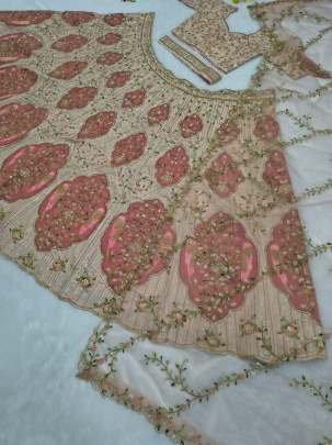 Designer Slub Silk Embroidered Peach Pink Elegance Lehenga Choli With Dupatta