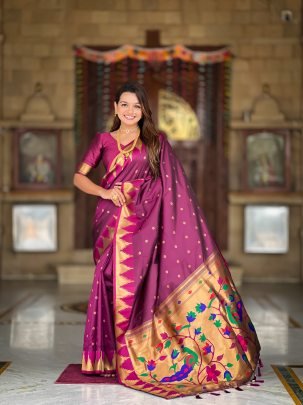Designer Soft Silk Wine Paithani Saree With Meenakari Motifs And Zari Temple Border