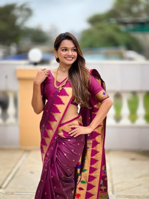 Designer Soft Silk Wine Paithani Saree With Meenakari Motifs And Zari Temple Border