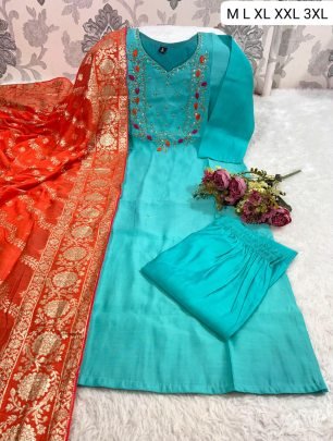 Designer Turquoise Handwork Roman Silk Suit With Jacquard Red Dupatta