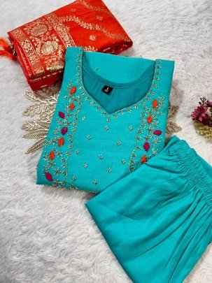 Designer Turquoise Handwork Roman Silk Suit With Jacquard Red Dupatta