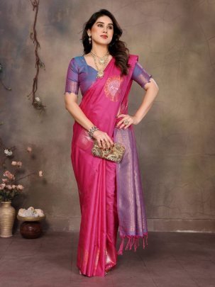 Fancy Two Tone Banarasi Handloom Silk Pink Saree With Matching Purple Blouse