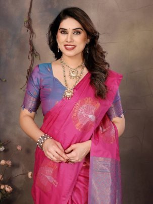 Fancy Two Tone Banarasi Handloom Silk Pink Saree With Matching Purple Blouse