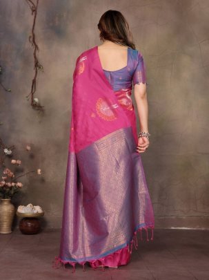 Fancy Two Tone Banarasi Handloom Silk Pink Saree With Matching Purple Blouse