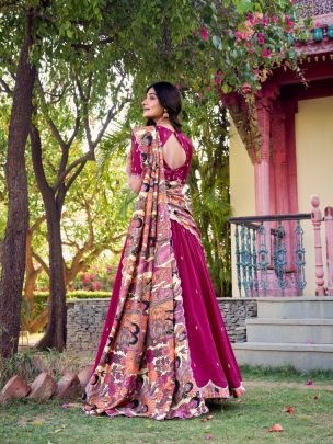 Designer Vichitra Silk Embroidered Lehenga with Kalamkari Print Dupatta