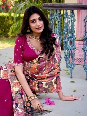 Designer Vichitra Silk Embroidered Lehenga with Kalamkari Print Dupatta