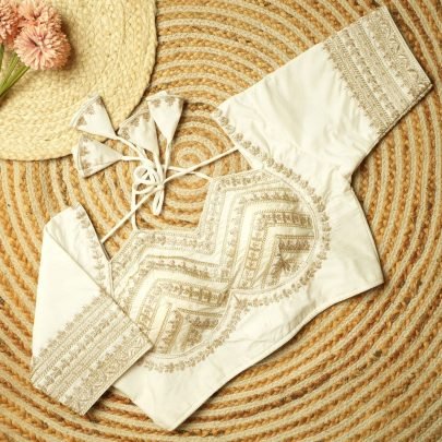 Designer White Kesar Silk Blouse With Padding