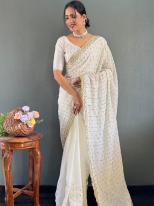 Designer White Multi Sequence Embroidery Work Georgette Silk Saree