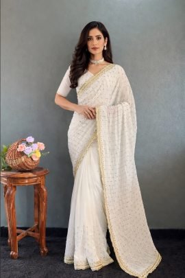 Designer White Multi Sequence Embroidery Work Georgette Silk Saree