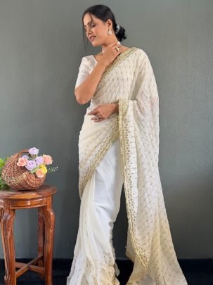 Designer White Multi Sequence Embroidery Work Georgette Silk Saree