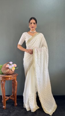 Designer White Multi Sequence Embroidery Work Georgette Silk Saree