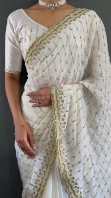 Designer White Multi Sequence Embroidery Work Georgette Silk Saree