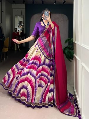 Designer White Tasar Silk Tie And Dye Printed Lehenga With Purple Chex Blouse