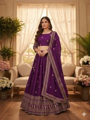 Designer Wine Chinnon Silk Embroidery Flare Work Lehenga