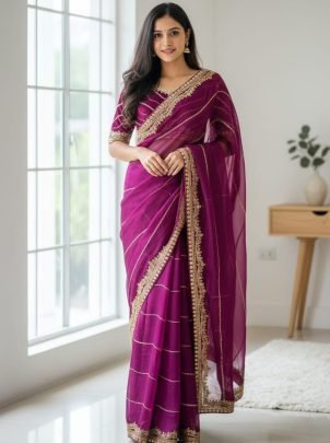 Designer Wine Colour Embroidery Work Saree