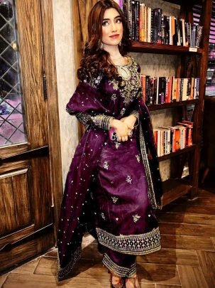 Designer Wine Sequins Embroidery Work Kurti Plazzo Set With Beautiful Organza Silk Dupatta