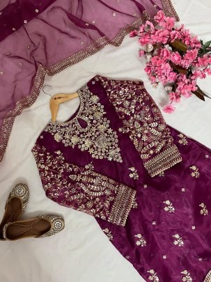 Designer Wine Sequins Embroidery Work Kurti Plazzo Set With Beautiful Organza Silk Dupatta