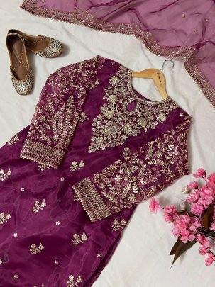 Designer Wine Sequins Embroidery Work Kurti Plazzo Set With Beautiful Organza Silk Dupatta