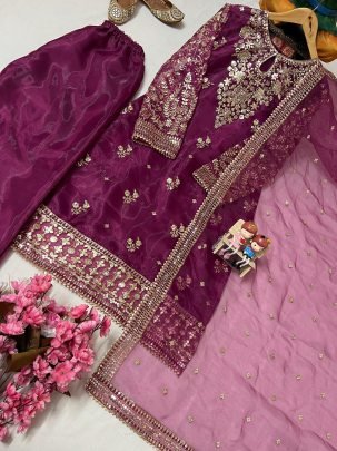 Designer Wine Sequins Embroidery Work Kurti Plazzo Set With Beautiful Organza Silk Dupatta