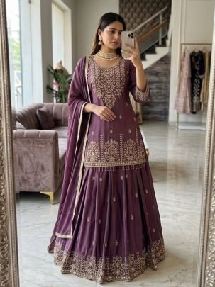Designer Wine Silk Fabric Lehenga Suit With Dupatta