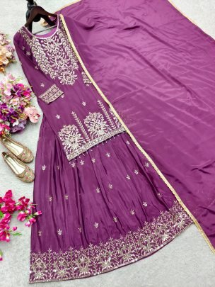 Designer Wine Silk Fabric Lehenga Suit With Dupatta